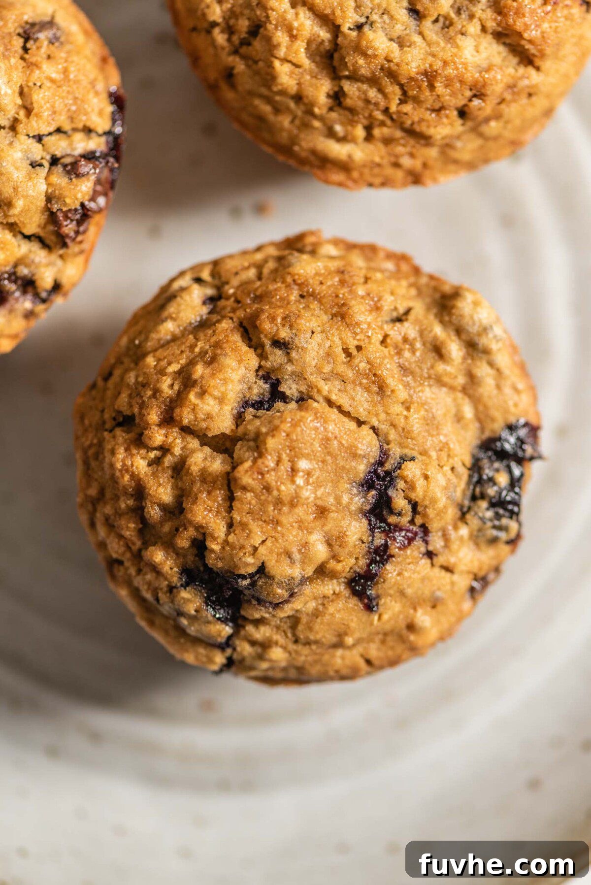 Overhead view of a close up of a chickpea flour muffins with blueberries and chocolate chips in it.