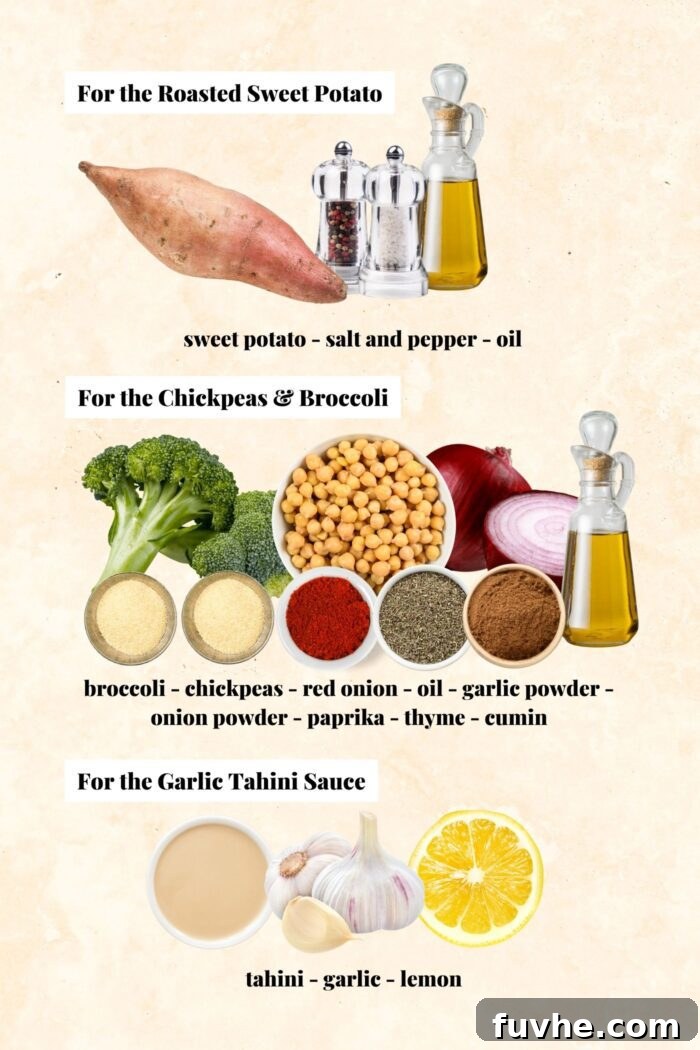 Easy Sheet Pan Sweet Potato Meal 3 All the ingredients for making baked sweet potatoes with spiced chickpeas, broccoli and tahini sauce.