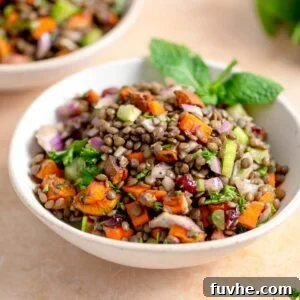 A mouthwatering French lentil salad with fresh herbs, tender sweet potato, and vibrant diced vegetables, presented in a bowl and garnished with fresh mint leaves, highlighting its irresistible appeal.