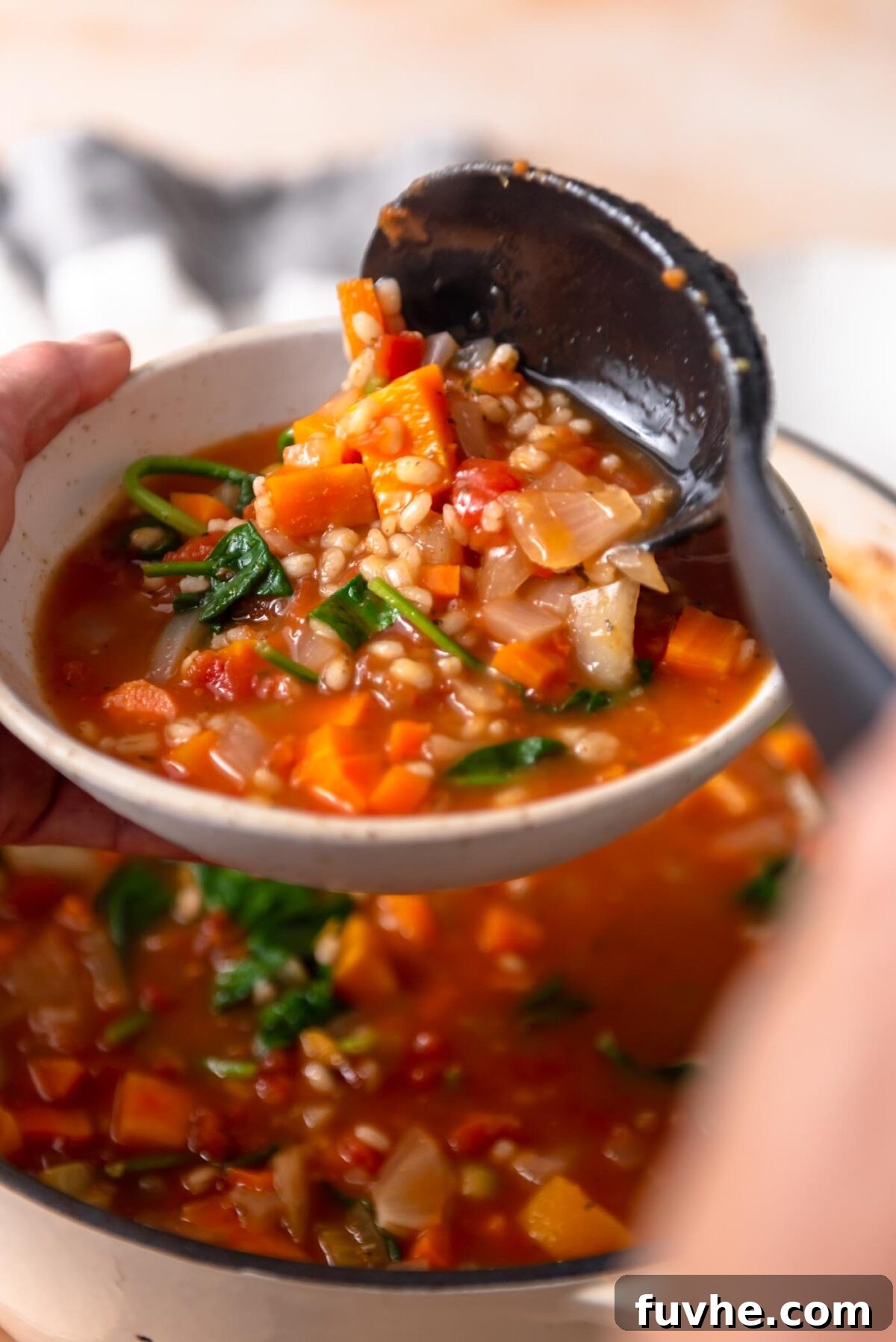 Scooping tomato vegetable barley soup from a pot into a serving bowl.