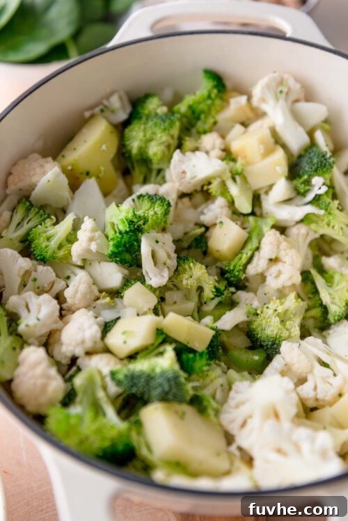 Velvety Vegan Broccoli & Cauliflower Bliss 5 Broccoli, cauliflower florets, and diced potato added to the pot with sautéed aromatics and spices.