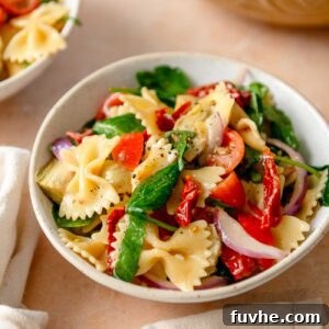 Tuscan Sun-Dried Tomato Pasta Salad 8 Bowl of sun dried tomato pasta salad with spinach, red onion and artichokes.
