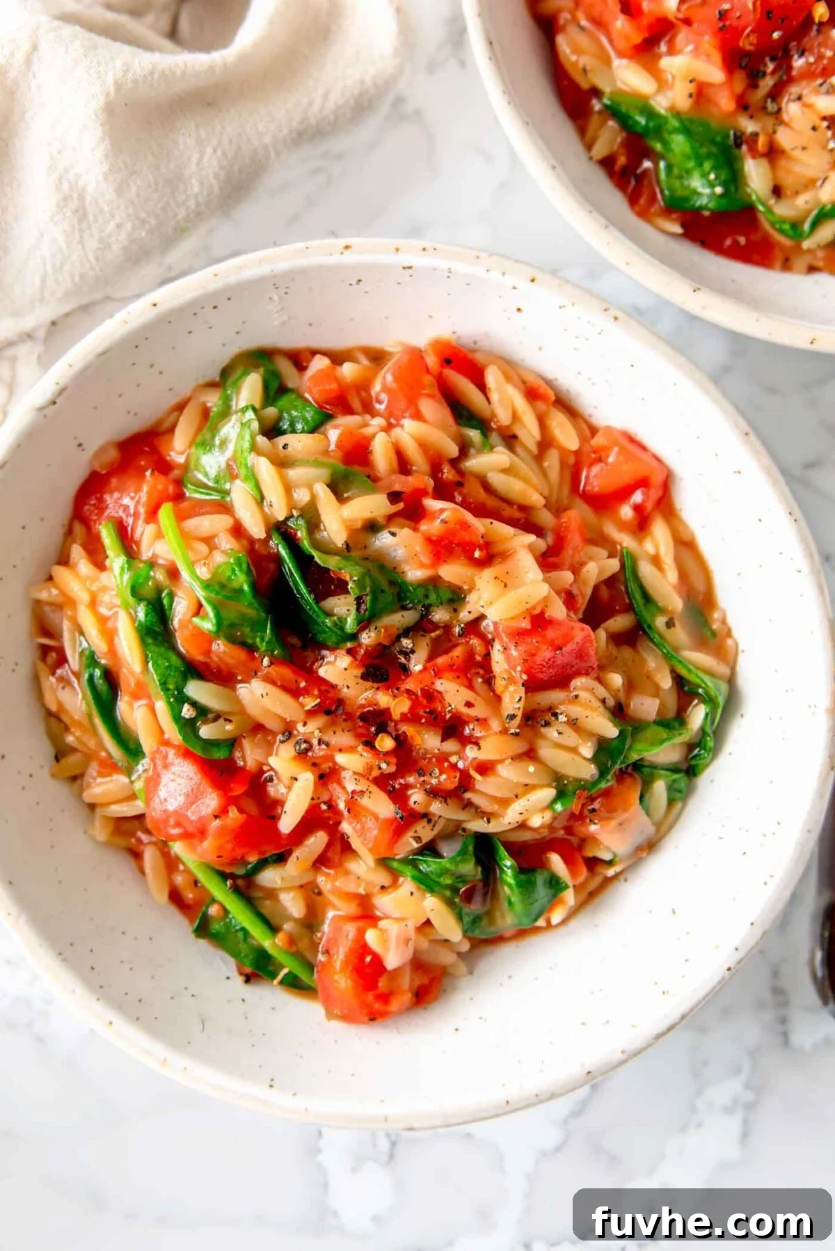 Bowl of tomato orzo with spinach.