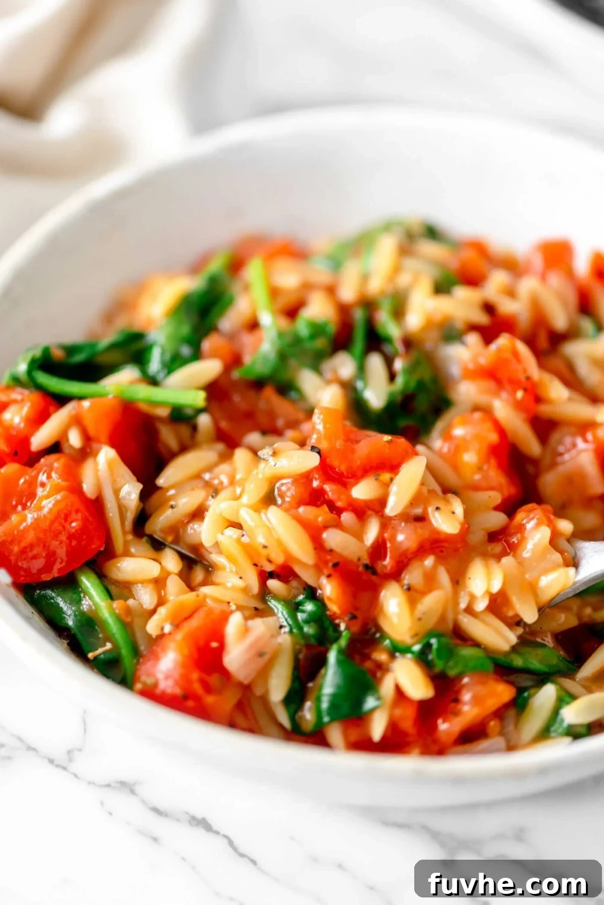 Fork in a bowl of tomato orzo with spinach.