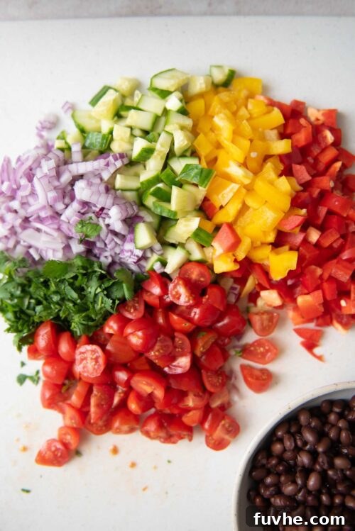 Chopped fresh vegetables including bell pepper, red onion, cilantro, tomatoes, and cucumber neatly arranged on a cutting board.