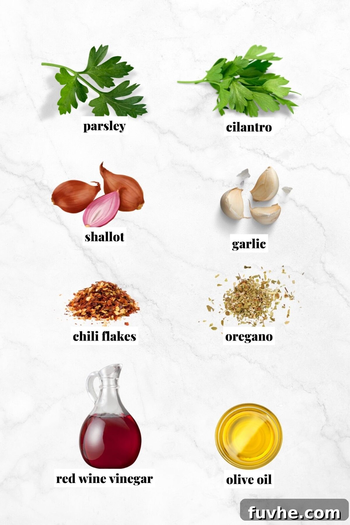 All the fresh ingredients meticulously arranged for making homemade chimichurri sauce, including herbs, garlic, shallot, olive oil, and red wine vinegar.