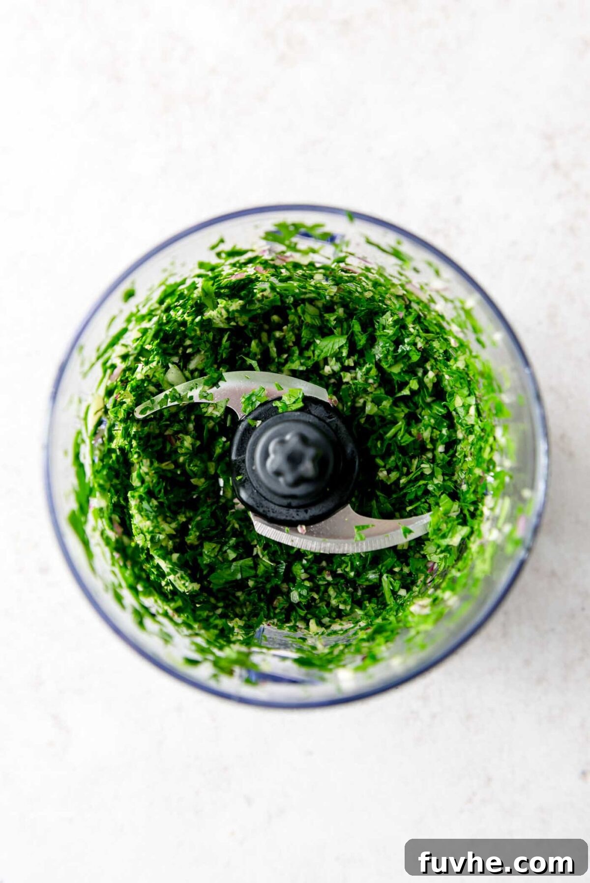 Roughly chopped fresh herbs and shallot inside a small food processor, ready for blending.