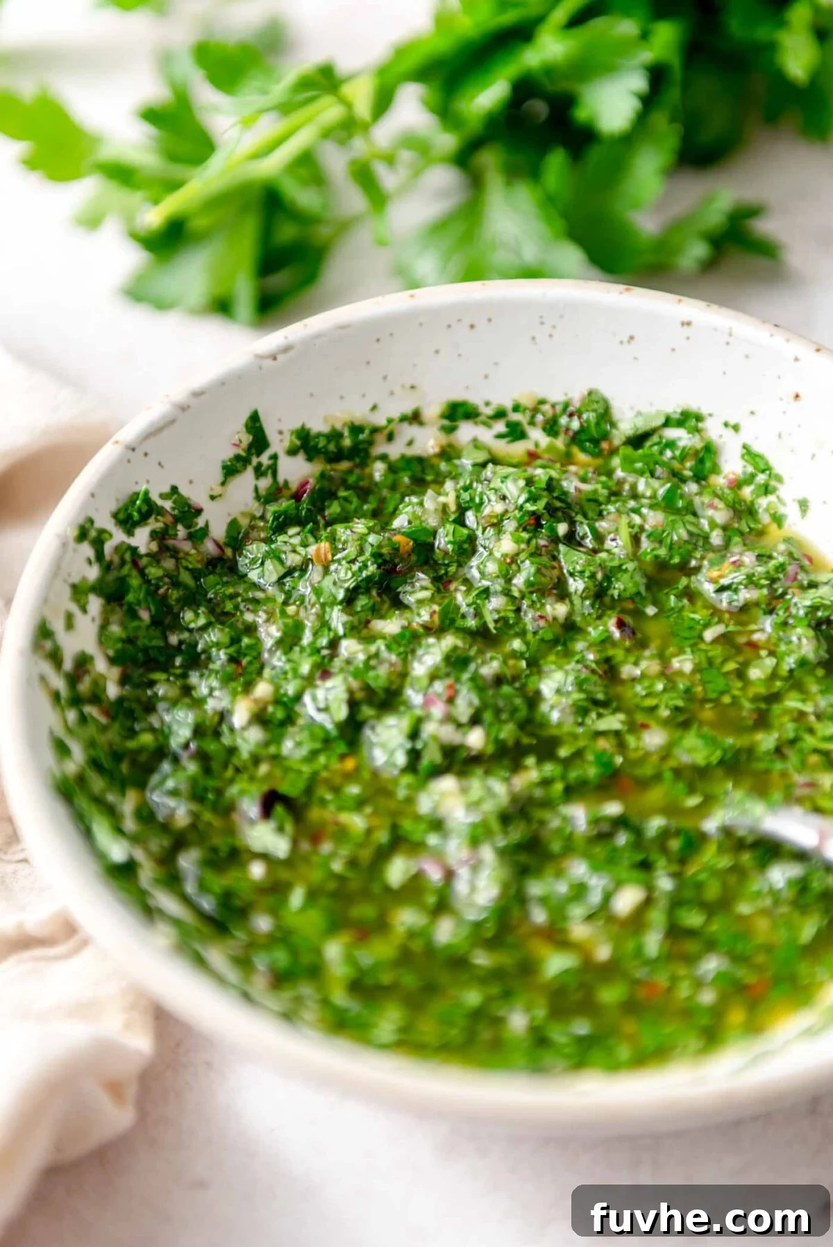 A bowl of fresh cilantro chimichurri sauce with a spoon, surrounded by fresh herbs, highlighting its vibrant green color and delicious texture.