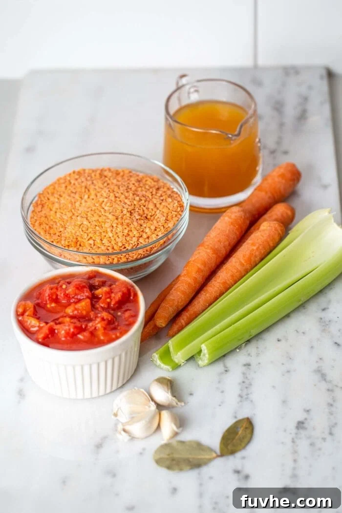 A visual display of essential ingredients for vegan red lentil tomato soup, including diced tomatoes, dried red lentils, vegetable broth, chopped carrots, celery, and fresh garlic cloves, arranged in containers on a sleek marble countertop.