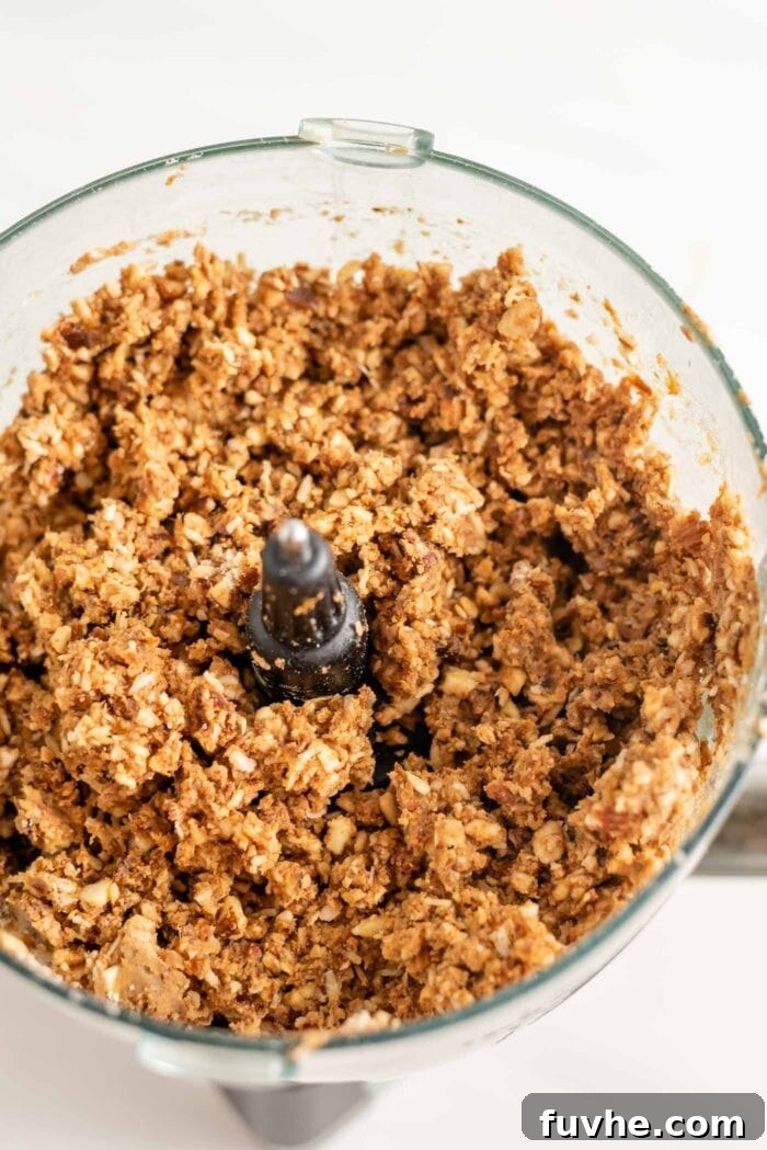 A thick, crumbly dough blended up in a food processor container.