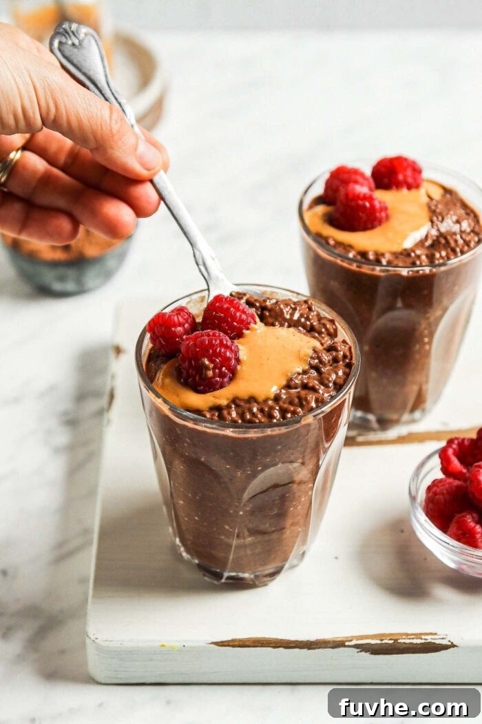 Two aesthetically arranged bowls of chocolate chia seed pudding, one with a spoon, generously topped with creamy peanut butter and fresh, juicy raspberries.