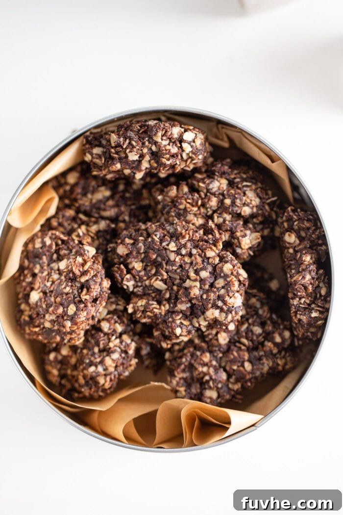 An overhead view of a festive tin filled with perfectly firmed chocolate oatmeal cookies, ready for serving or storage.