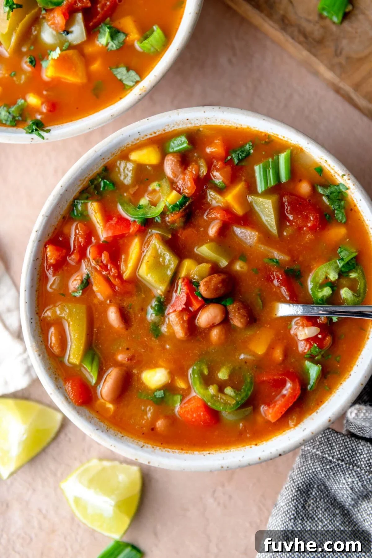 Ultimate Vegan Enchilada Soup 8 A beautiful bowl of vegan enchilada soup with visible bell pepper, sweet potato, and pinto beans, served in a rich tomato-based broth, garnished with fresh cilantro.