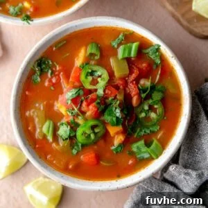 A cozy bowl of vegan enchilada soup, showcasing its rich, colorful ingredients, ready to be enjoyed.
