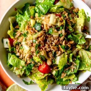Crispy rice salad with peanuts, lettuce, tomato, cucumber and herbs in a bowl with a wedge of lime beside it.