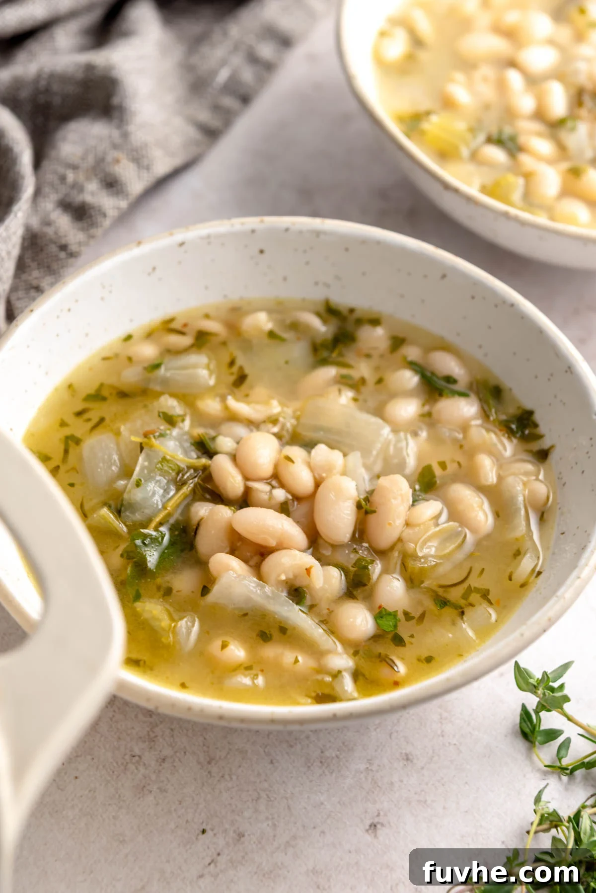 Savory Simmered Beans 2 A beautifully presented bowl of brothy white beans, garnished with freshly chopped onions, crisp celery, and vibrant green herbs, ready to be enjoyed.