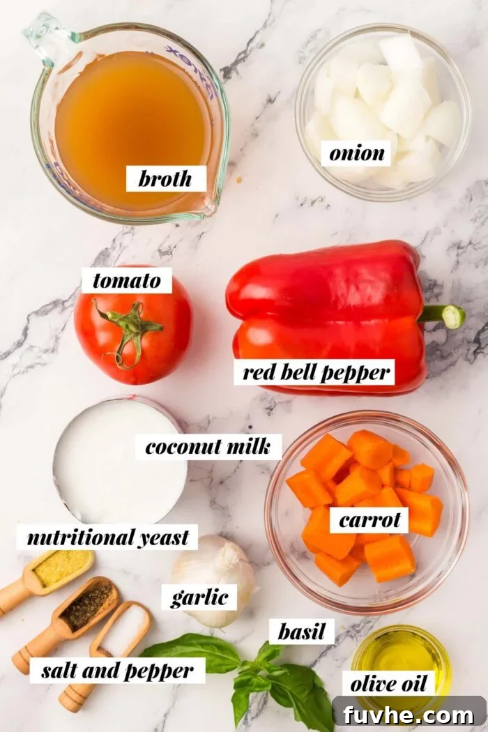 All of the ingredients needed for making a creamy vegan tomato basil soup recipe. Each ingredient is labelled with text.