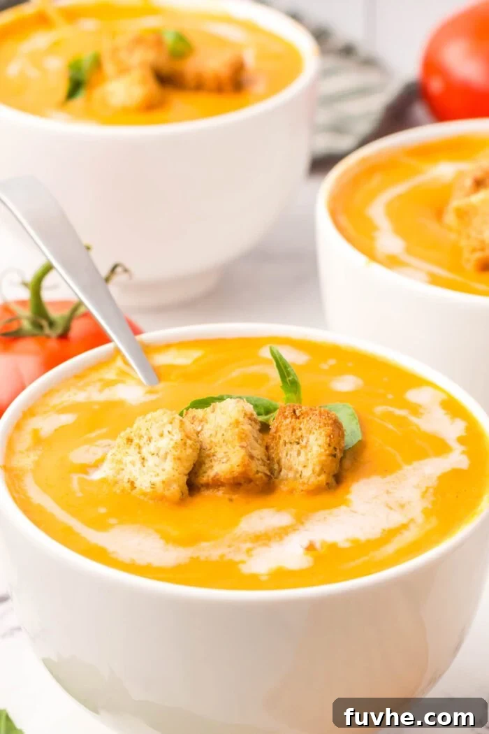 A bowl of creamy tomato soup drizzled with cream and topped with croutons and a piece of fresh basil.