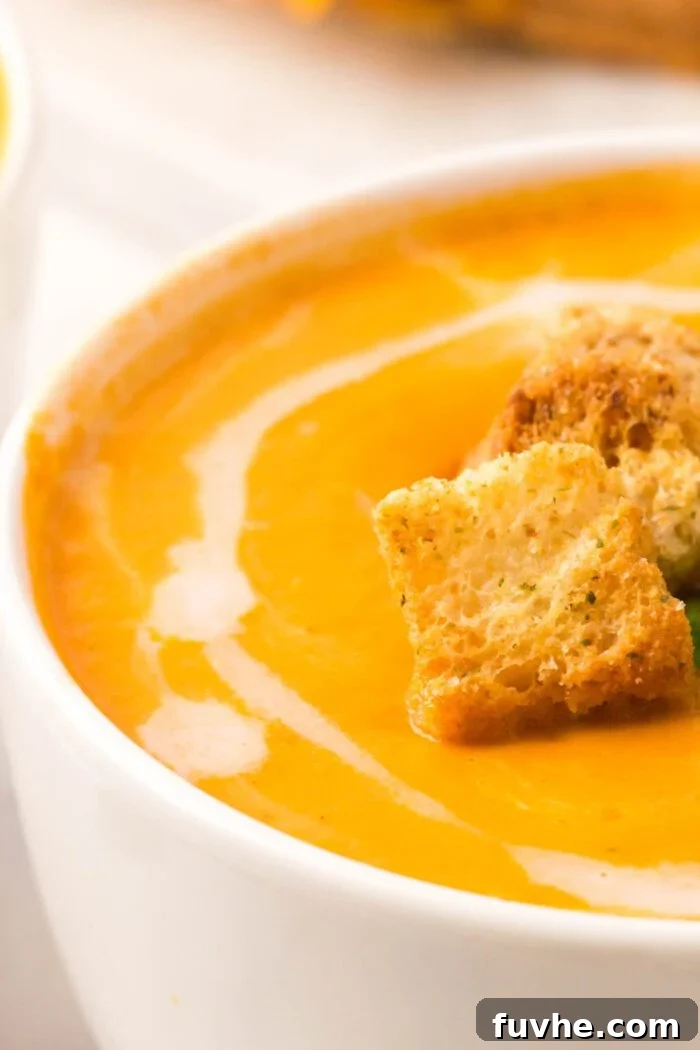 Close up of a bowl of creamy vegan tomato soup drizzled with coconut milk and topped with croutons.