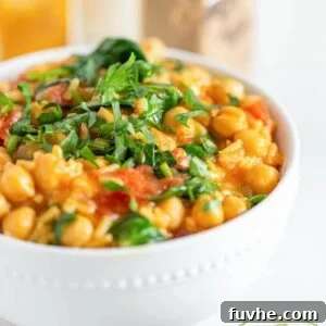 A bowl of chickpea rice stew topped with fresh cilantro.