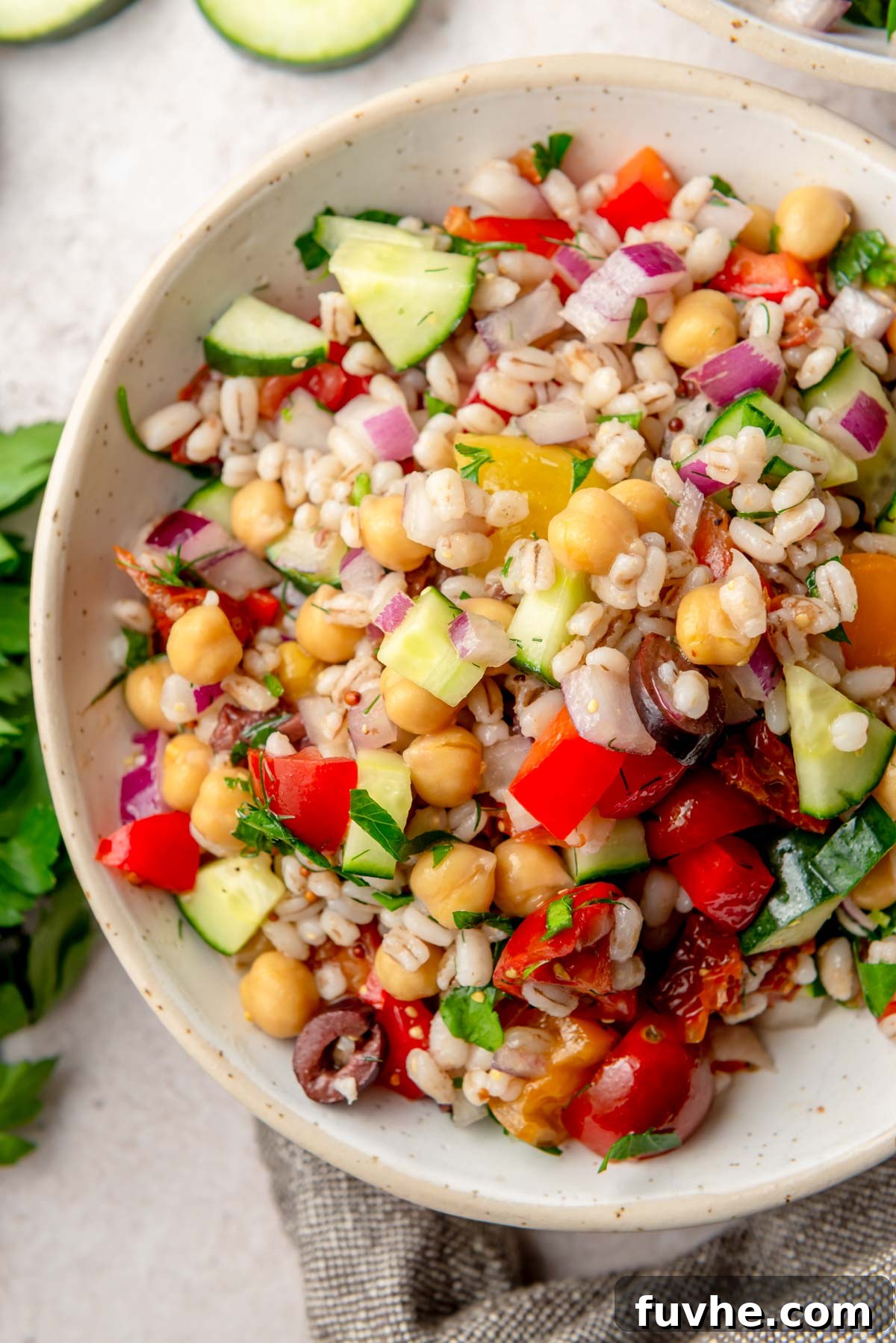 A close-up of a rustic bowl filled with vibrant Mediterranean barley salad, artfully garnished with a fresh cucumber slice, a sprig of dill, and a scattering of fresh parsley, emphasizing its fresh and wholesome appeal.