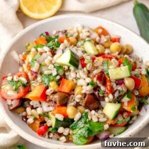 Bowl of Mediterranean barley salad with cucumber, tomato, dill and chickpeas with a lemon wedge in the background.