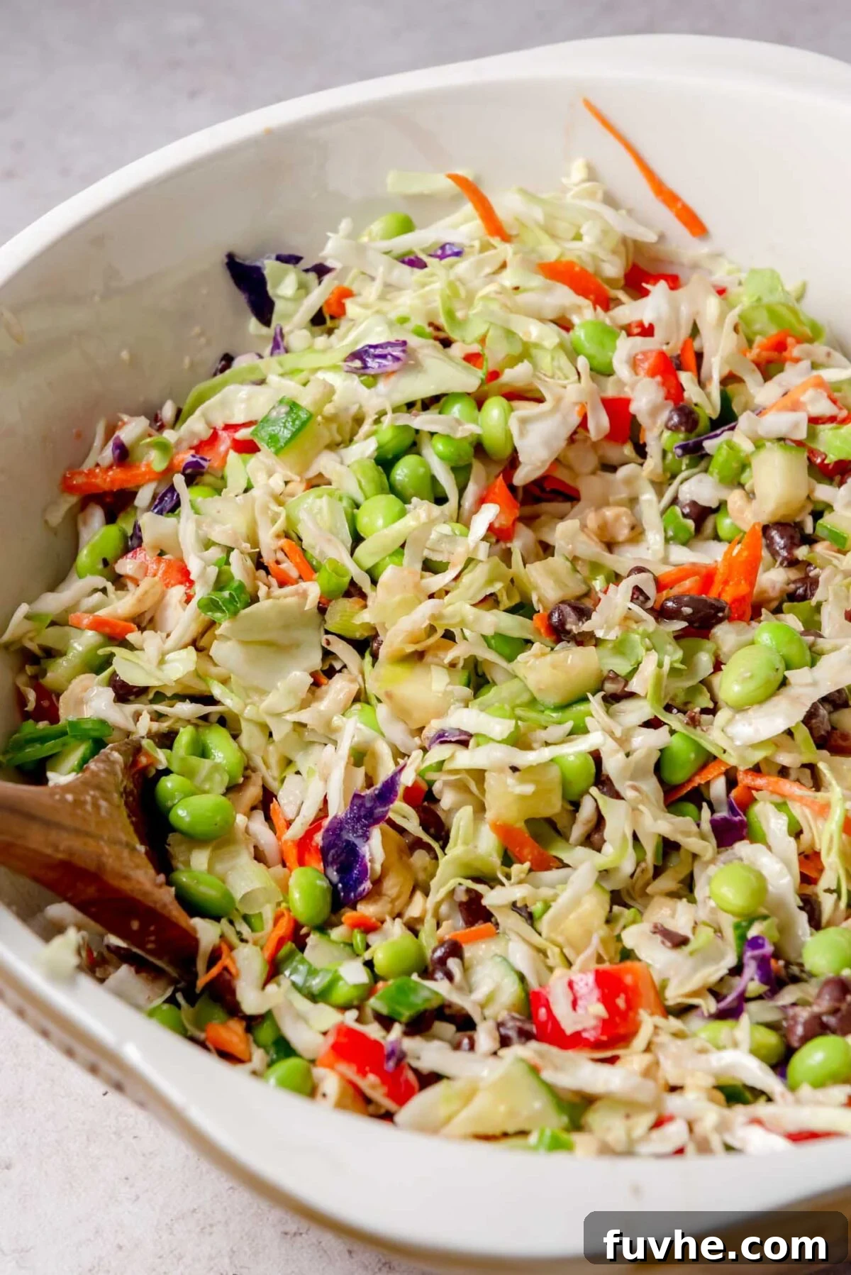 Vibrant Edamame Medley 7 The vibrant edamame bean salad ingredients, including crisp cabbage, bright edamame, dark black beans, red pepper, shredded carrot, cool cucumber, and fresh green onions, are lightly coated with the creamy dressing, creating a beautiful and appetizing blend in the mixing bowl.