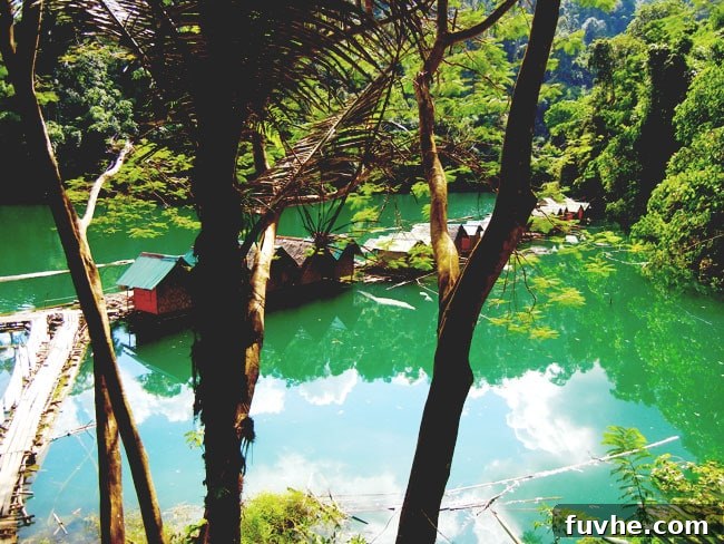 Floating huts reflecting on the calm waters of Chiew Lan Lake