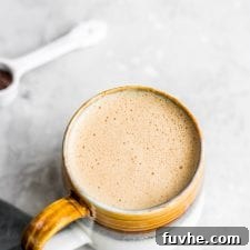 Vegan bulletproof coffee in a mug.