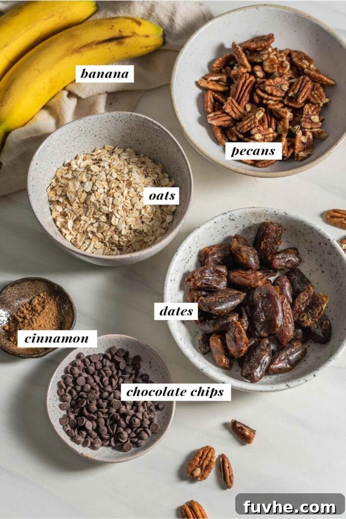 No-Bake Banana Bread Truffles 3 A vibrant visual representation of all the individual ingredients laid out, clearly labelled, for making no-bake banana bread balls.