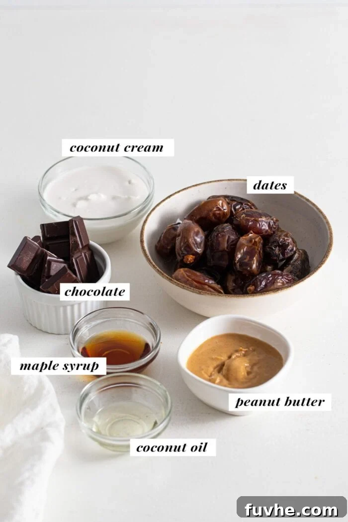 Decadent Chocolate Peanut Butter Dates 3 An array of small glass dishes containing Medjool dates, dark chocolate chips, creamy peanut butter, thick coconut cream, and golden maple syrup, illustrating the recipe's key ingredients.