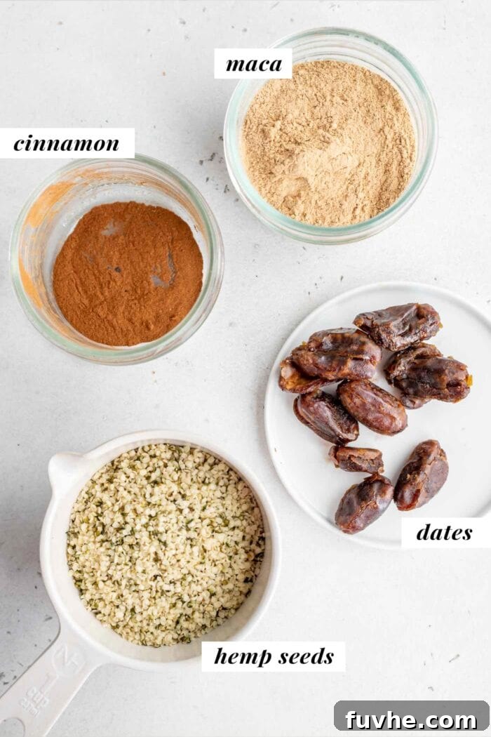 Maca Hemp Vitality Bites 3 Hemp seeds, dates, cinnamon, and maca powder displayed in small containers, ready for mixing.