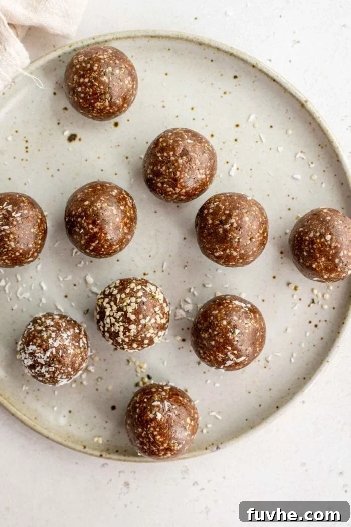 Maca Hemp Vitality Bites 5 Raw energy balls coated in hemp seeds and cinnamon, arranged appealingly on a plate.