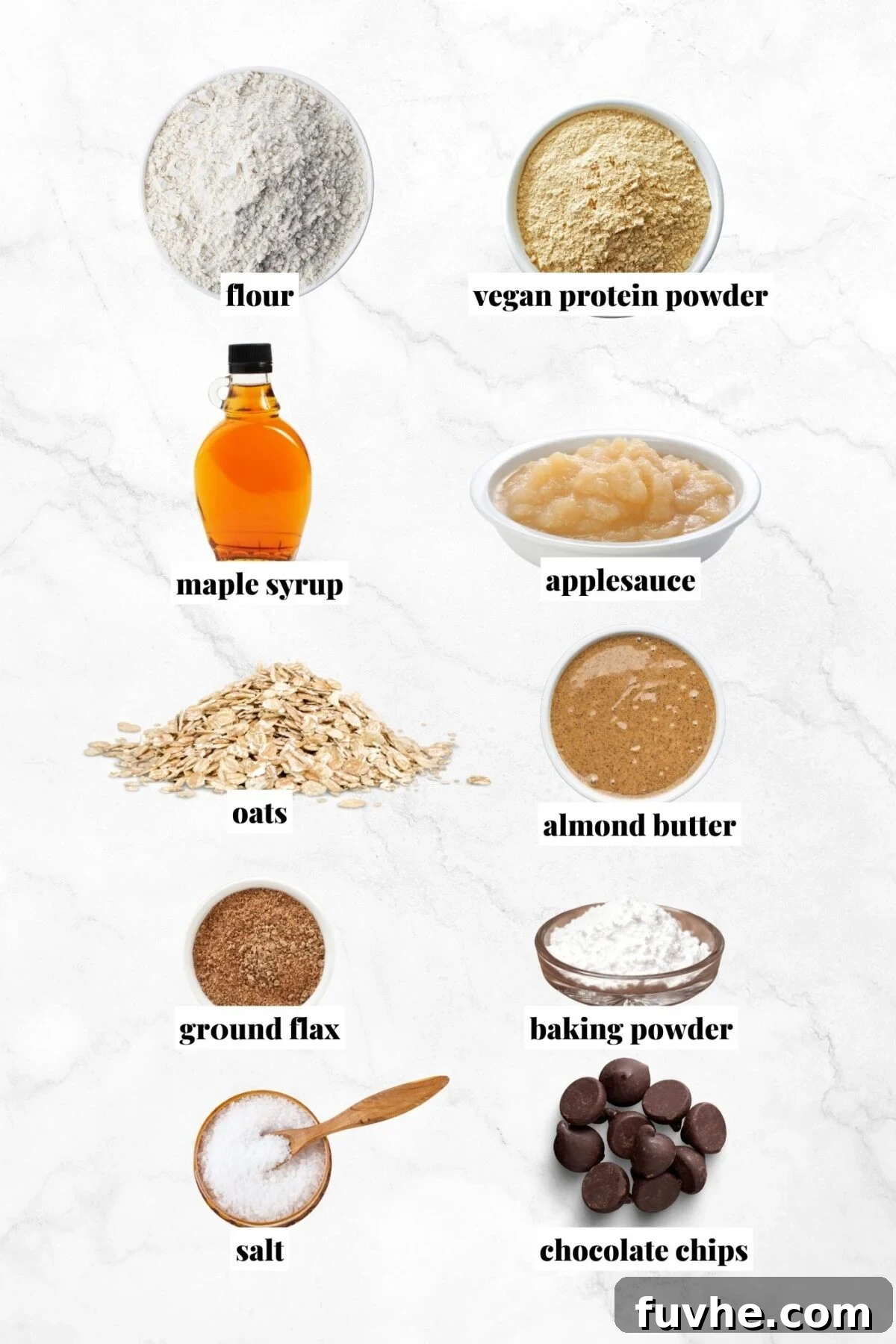 Plant-Powered Protein Muffins 3 All the healthy ingredients for making vegan protein muffins with oats, flax, chocolate chips and vanilla protein powder laid out on a kitchen counter.