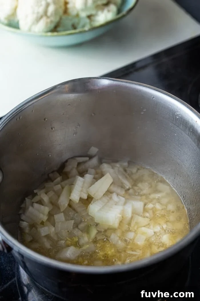 Onions, garlic, ginger and broth simmering in a large saucepan on the stovetop, releasing fragrant aromas.