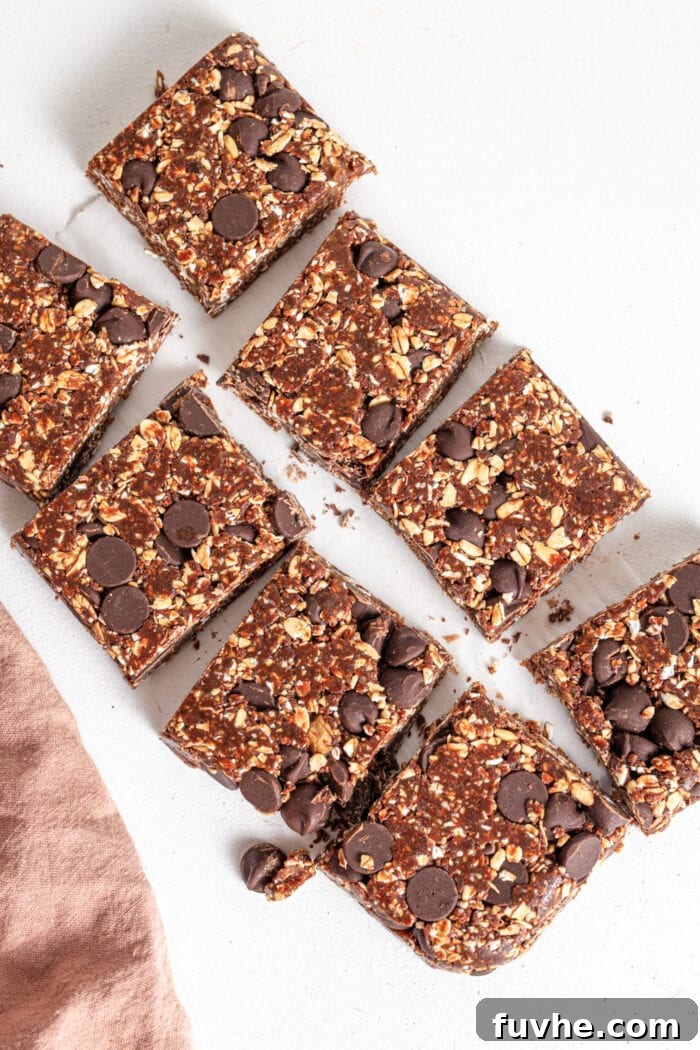 An overhead view of eight perfectly cut chocolate date squares arranged on a flat surface, ready to be enjoyed.
