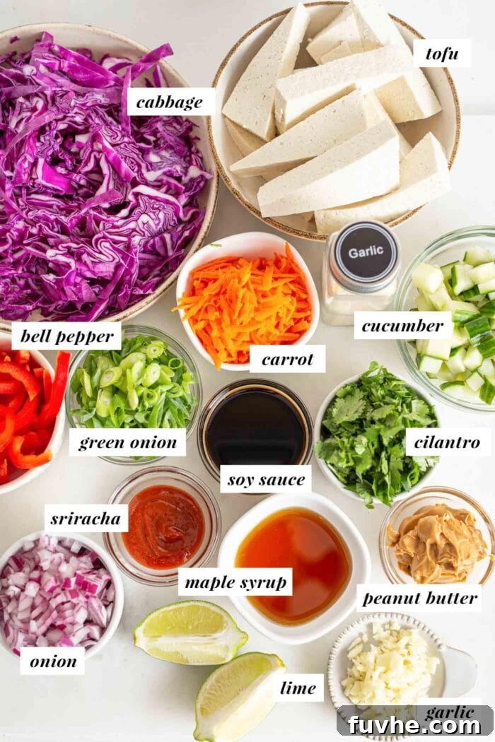 A curated selection of fresh, labeled ingredients ready for assembly into a delicious Thai chopped salad with tofu and rice.