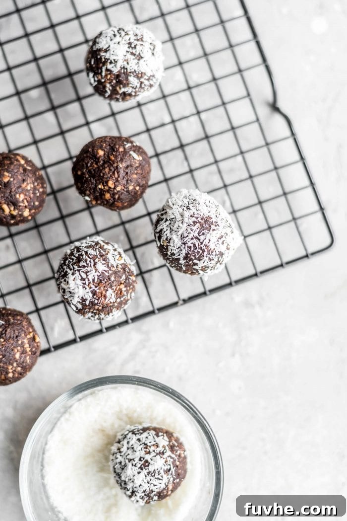 Plant-Based Macro Meal Blueprint 3 Delicious chocolate energy balls coated in shredded coconut, ready to be enjoyed as a healthy vegan snack.