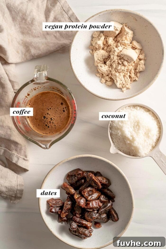 Vegan Coffee Coconut Energy Balls 3 Individual bowls showcasing the four core ingredients: plump dates, rich coffee, finely shredded coconut, and light protein powder, each clearly labeled for easy identification.
