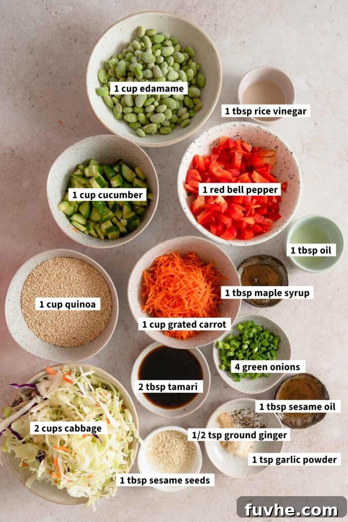 All of the ingredients for a quinoa edamame salad recipe gathered in bowls and each labelled with text overlay.