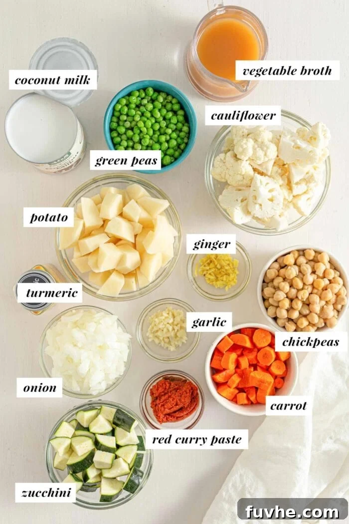 Golden Chickpea Potato Curry 3 Carefully arranged and labelled ingredients for a delicious vegan chickpea potato curry, including fresh vegetables, curry paste, and canned goods.