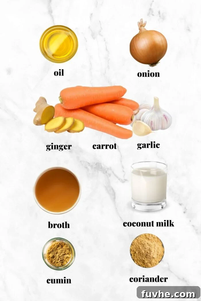 Ingredients for making carrot ginger soup recipe, each labelled with text.