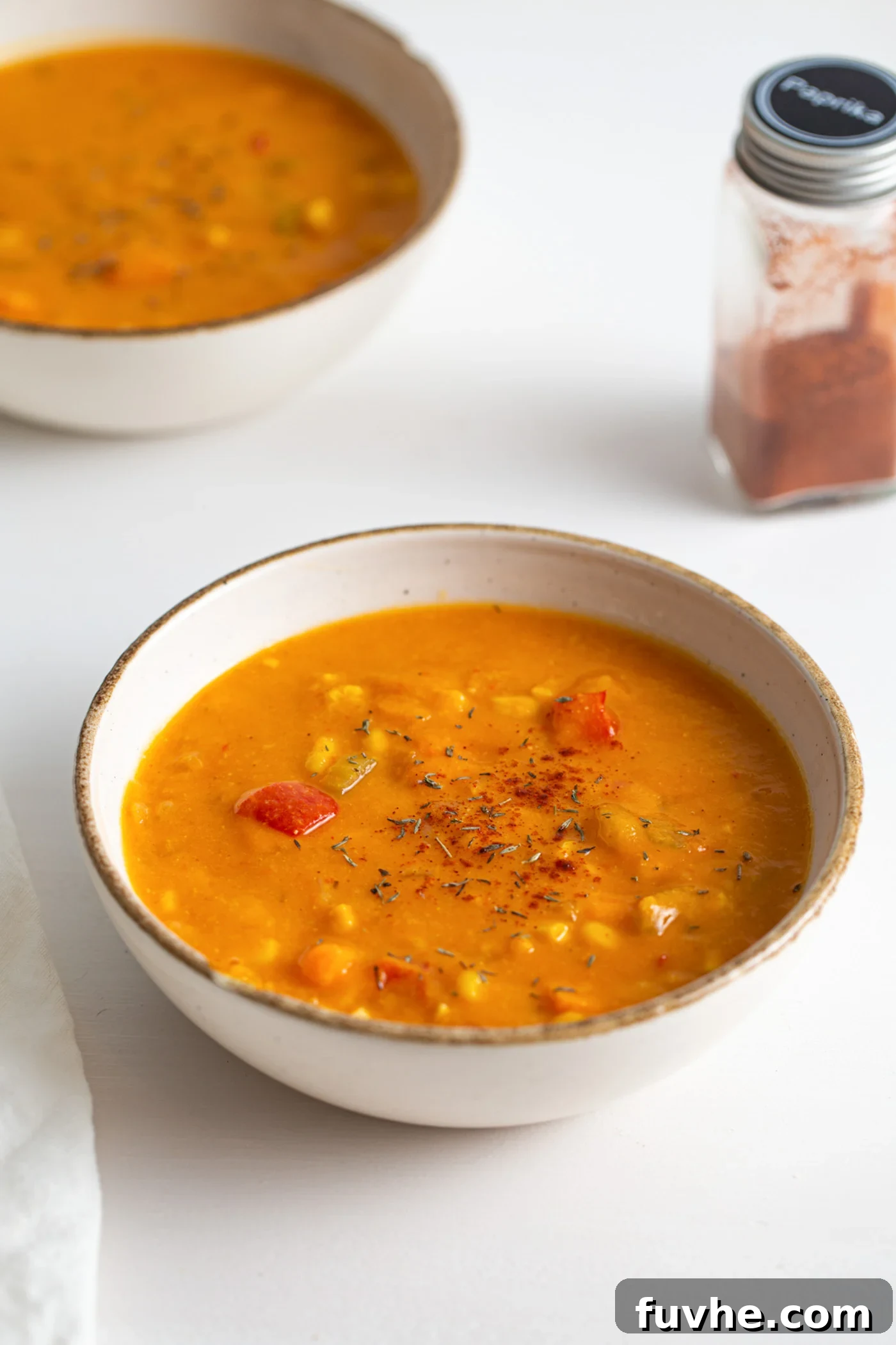 Bowl of sweet potato corn chowder, garnished with fresh herbs. Another bowl of soup sits blurred in the background, suggesting a cozy meal setting.
