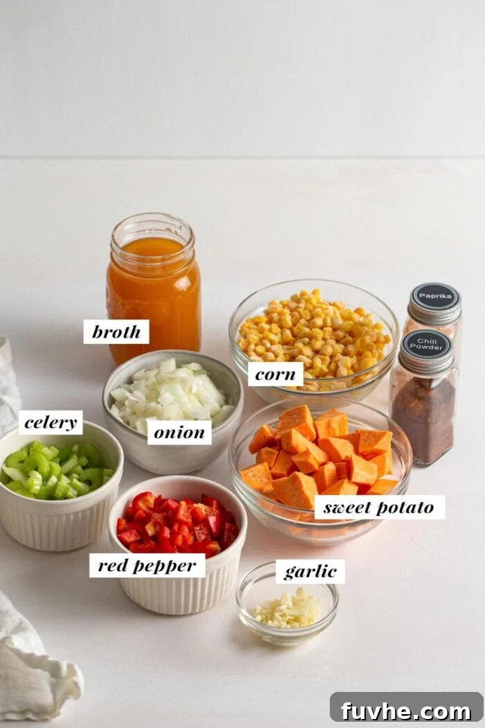 A visual collage of all the fresh ingredients required to make a vegan sweet potato corn chowder, neatly labelled for clarity.
