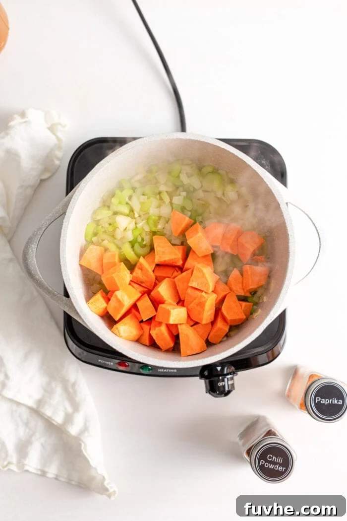 Sweet potato and celery simmering in a soup pot on a small induction stovetop, absorbing the rich vegetable broth.