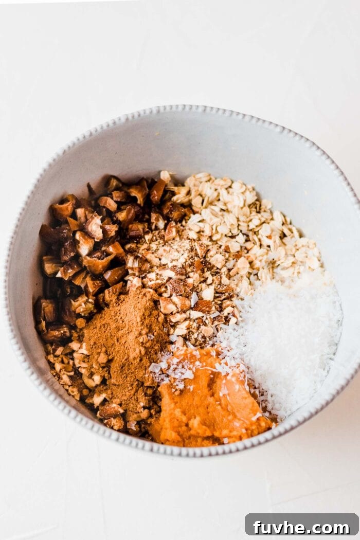 Cozy Pumpkin Crunch 3 A large mixing bowl containing a vibrant blend of dry ingredients: oats, chopped dates, shredded coconut, pumpkin pie spice, and other warm spices, ready for the wet mixture.