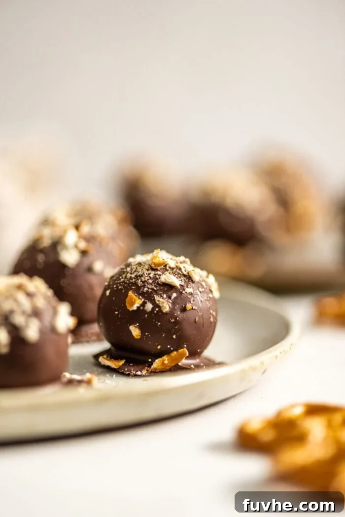 Salty Sweet Vegan Chocolate Truffles 2 Close up of a vegan chocolate truffle on a plate, showcasing its rich texture and pretzel topping.