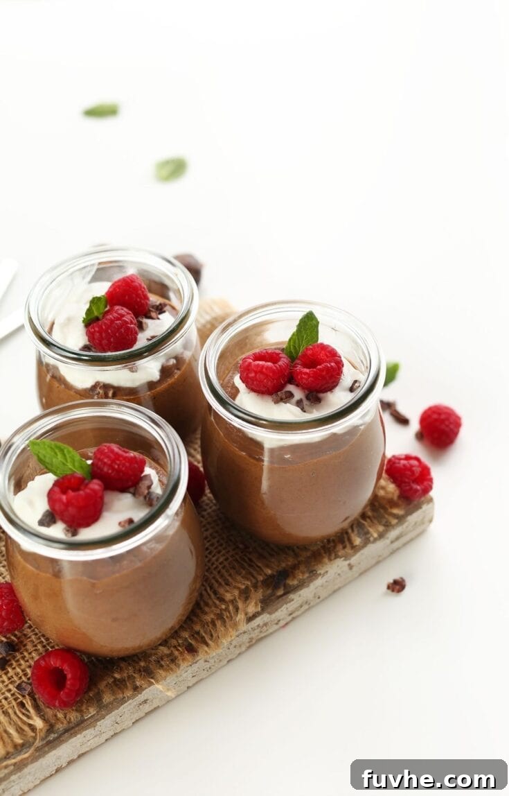 Rich, creamy overnight chocolate chia seed pudding in a glass jar, topped with fresh raspberries and cocoa nibs.