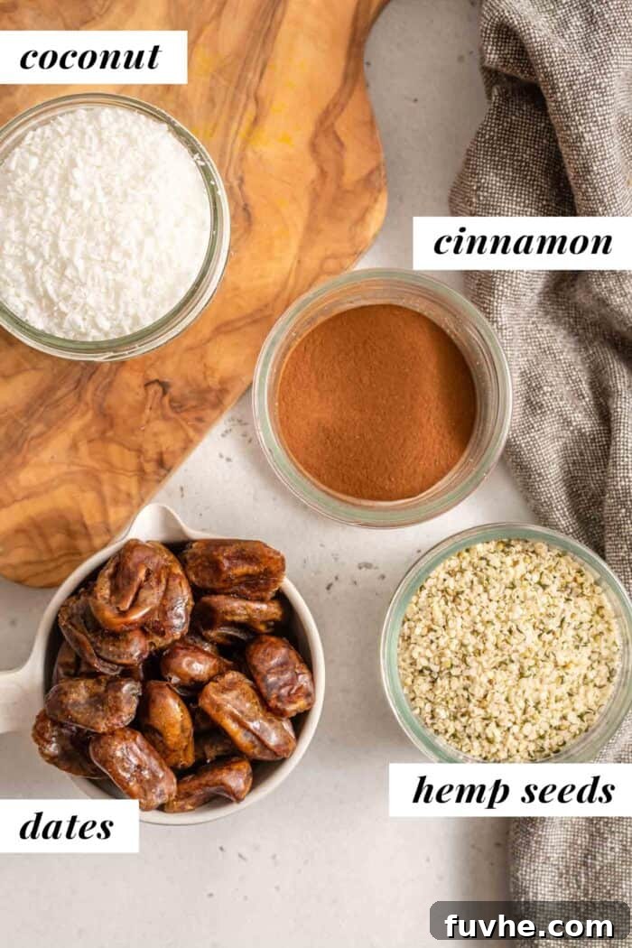Various ingredients for cinnamon coconut date balls: dates, hemp seeds, cinnamon, and shredded coconut in glass jars.