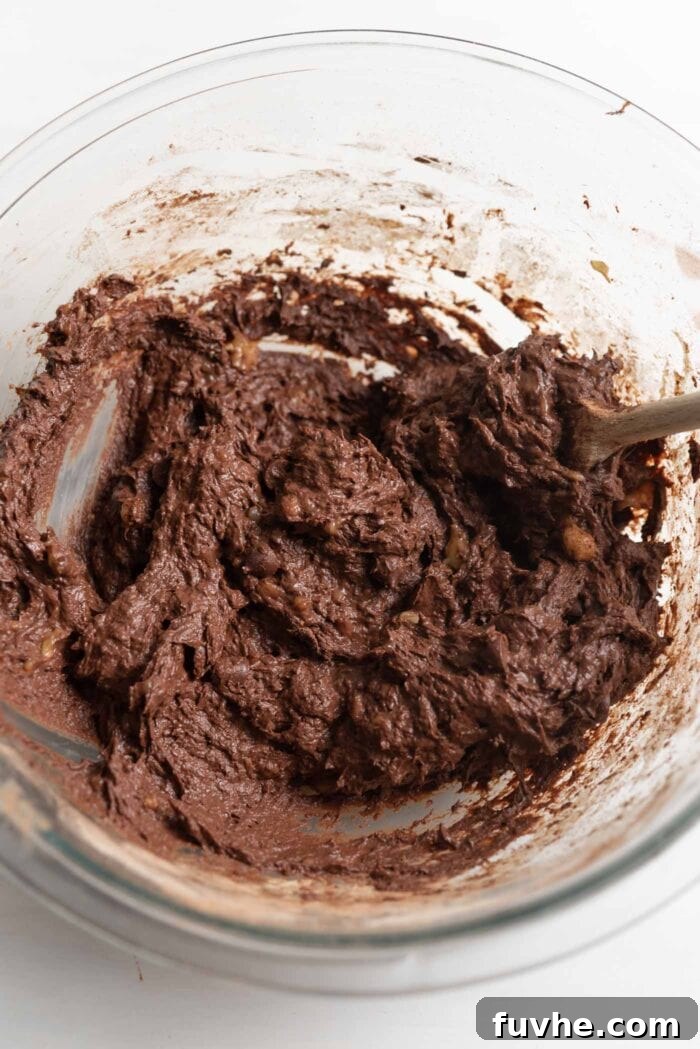 Plant-Powered Protein Brownies 5 Thick chocolate brownie batter in a mixing bowl, showcasing its rich texture.